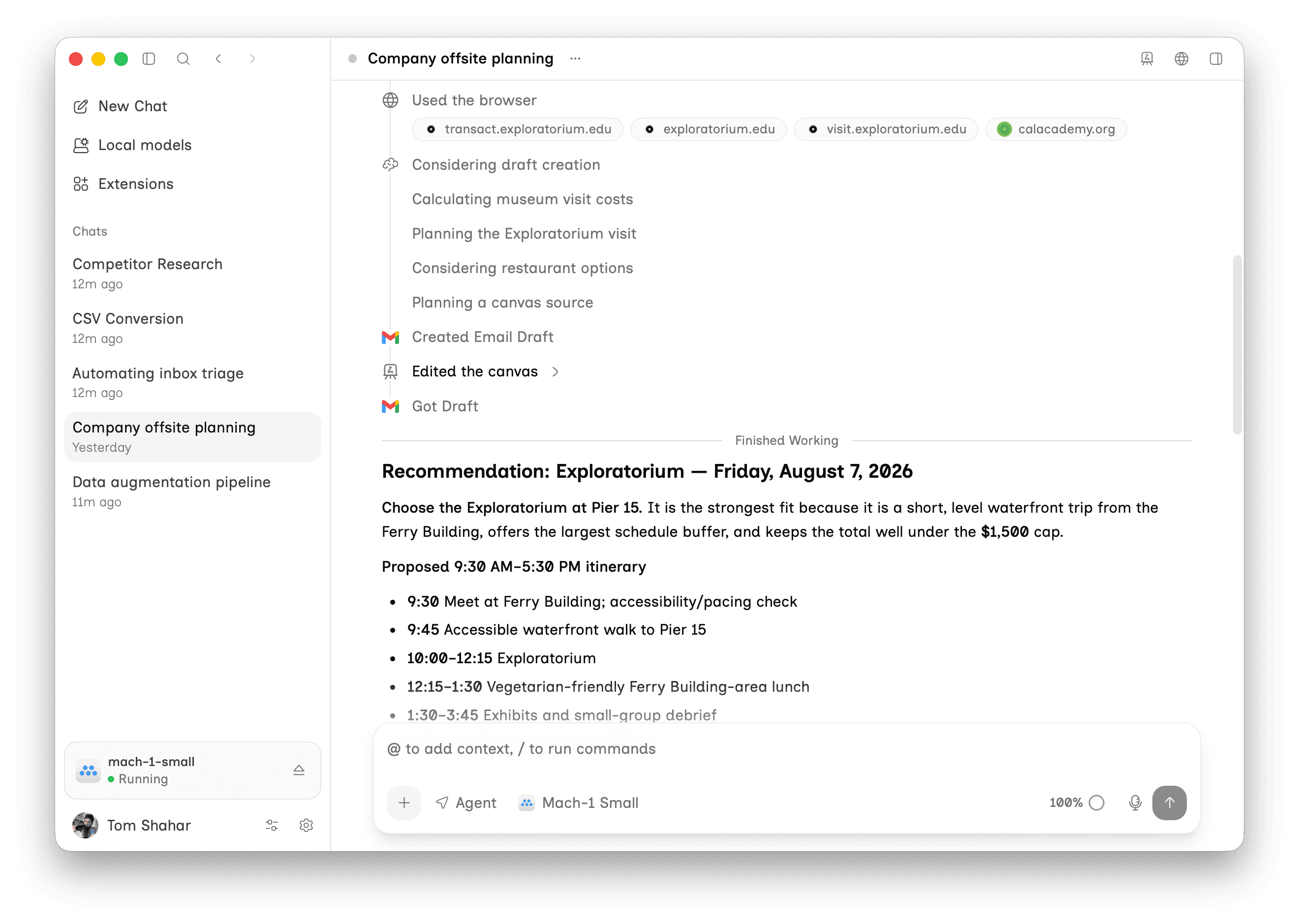 The desktop app running an agent task on a local model: computer use, connected apps, and scheduled automations, all on the Mac itself.